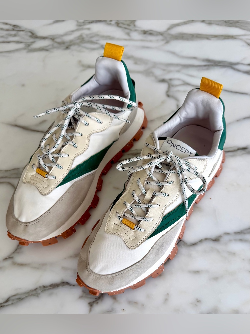 CONCEPT Women's White Sneakers with Green Side Stripe and Tan Outsole
